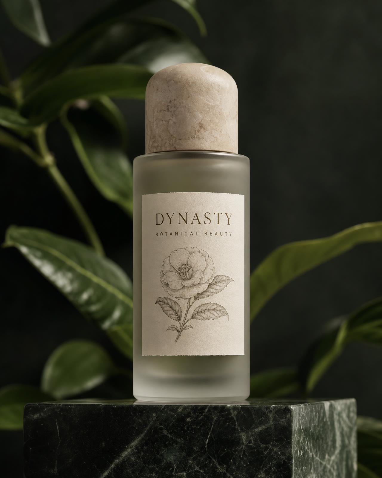Frosted recycled glass bottle with a stone cap on a jade plinth