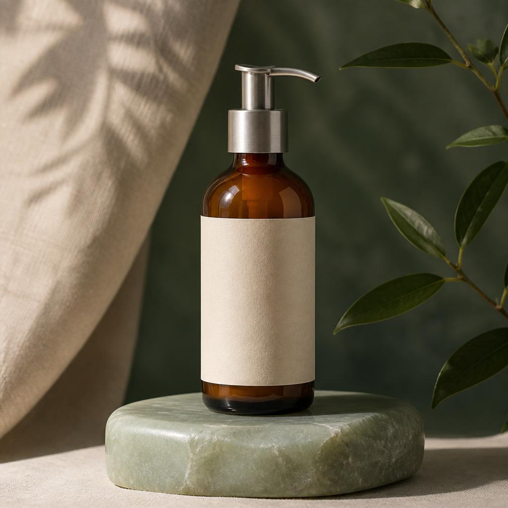 Ruby Crystal Cleanser in recycled amber glass · aluminium pump with its printed name label