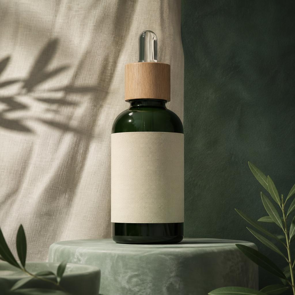 Platinum Crystal Serum in green glass · beechwood dropper with its printed name label